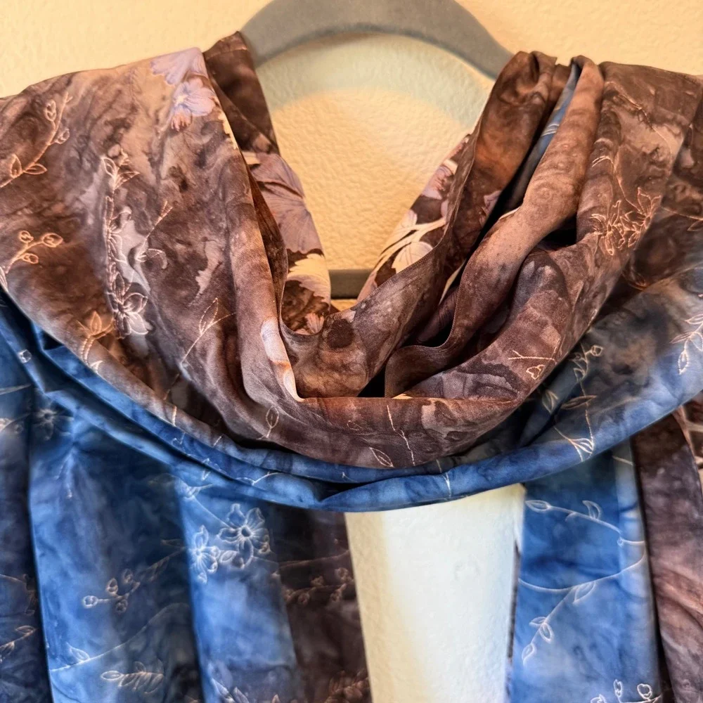 Batik Floral Silky Tassel Fringe Shawl Scarf Blue Brown Tie Dye 60 Inch